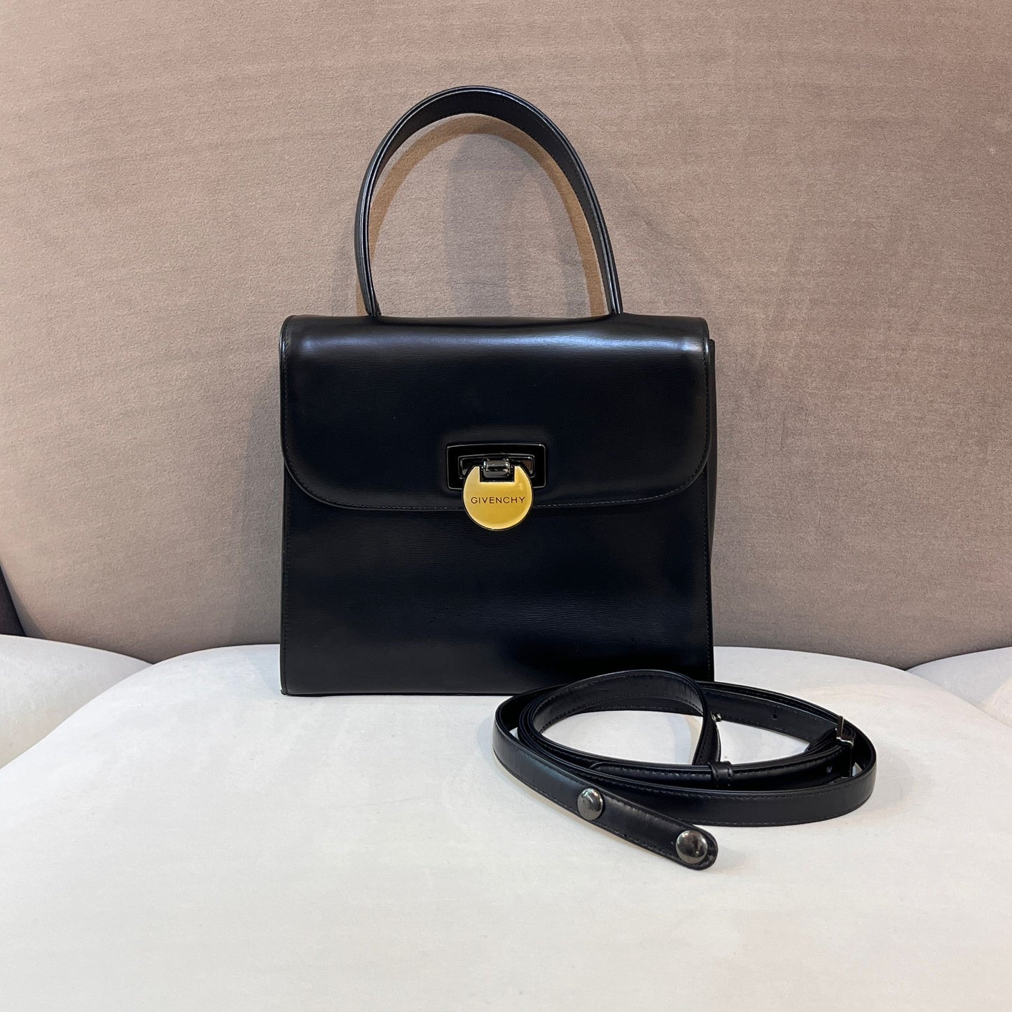 Givenchy Vintage Black Leather Logo Clasp Top Handle Bag