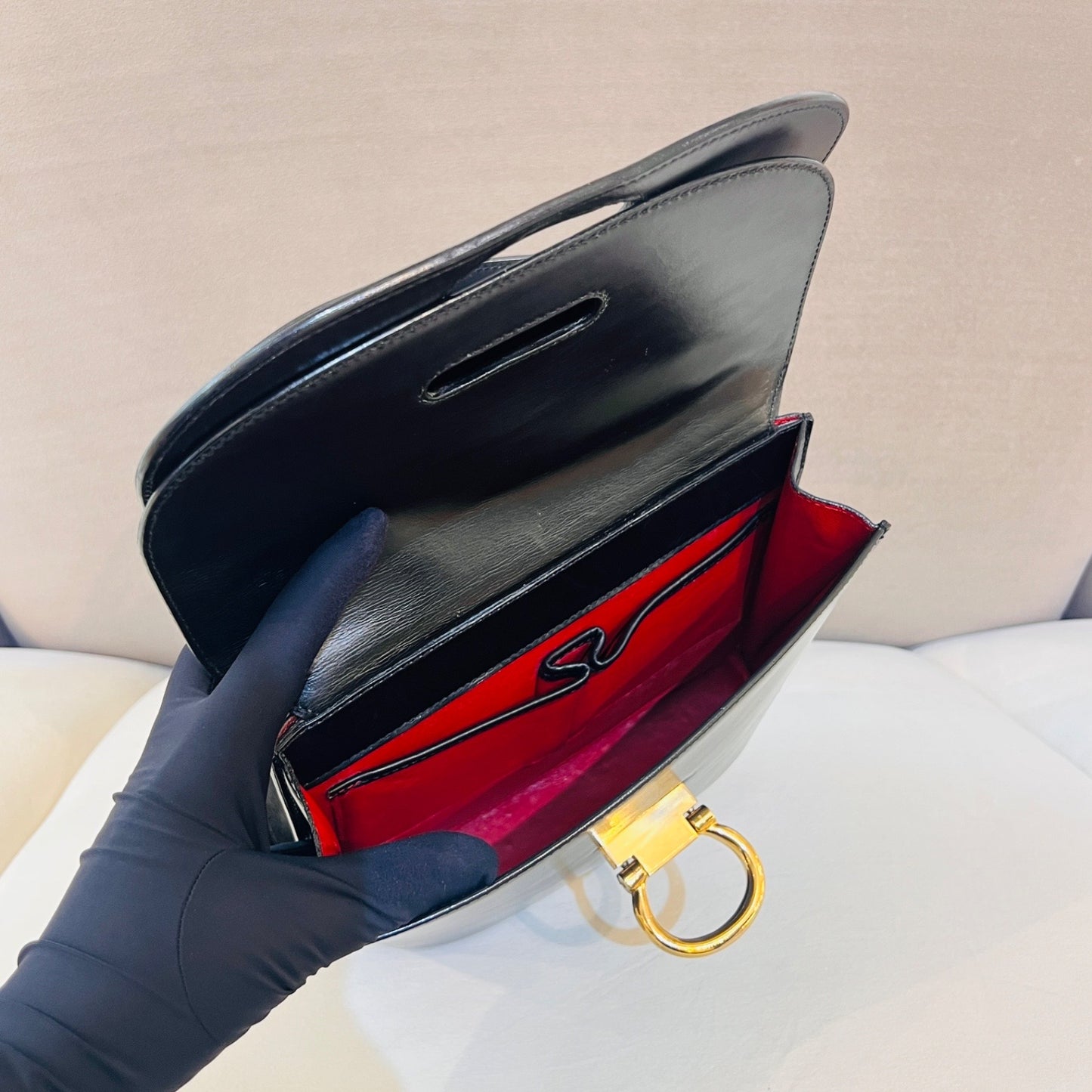 Celine Vintage Black Leather Gancini Closure Top Handle Bag