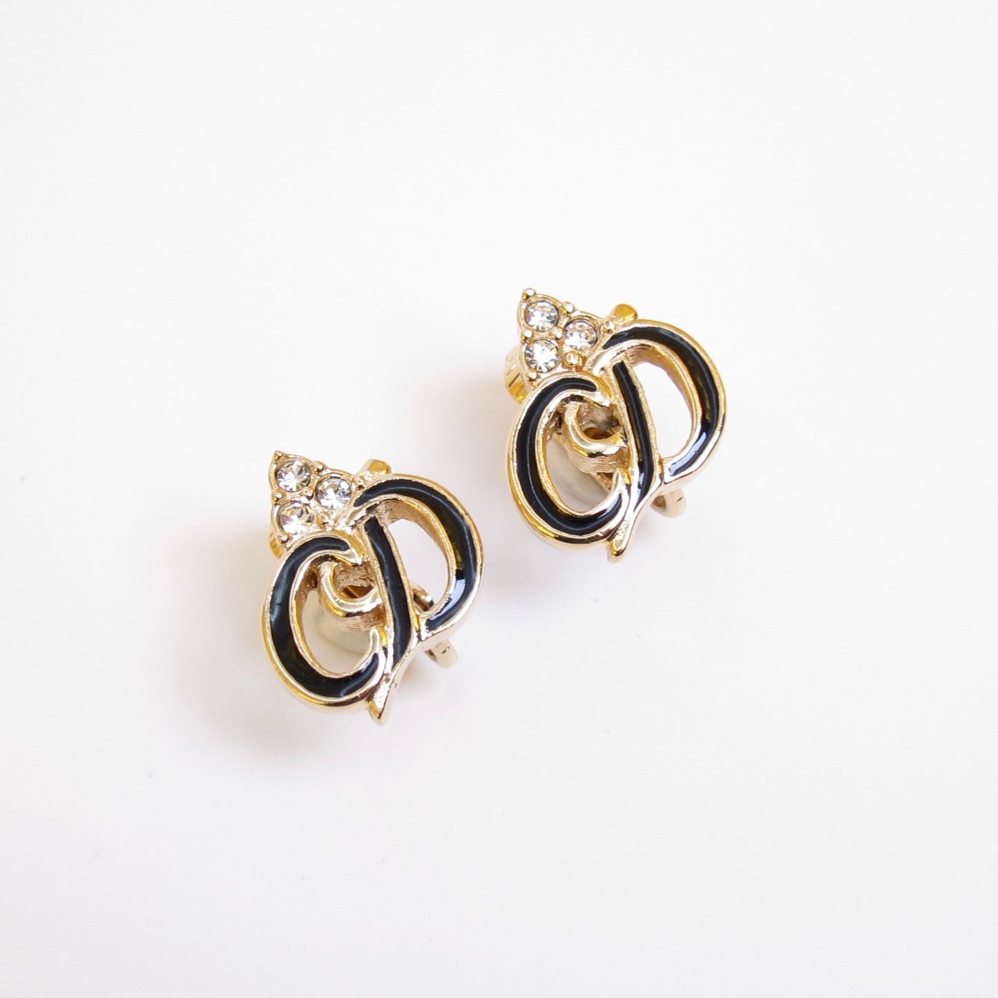 Christian Dior Vintage CD Logo Black and Rhinestone Golden Clip-on Earrings