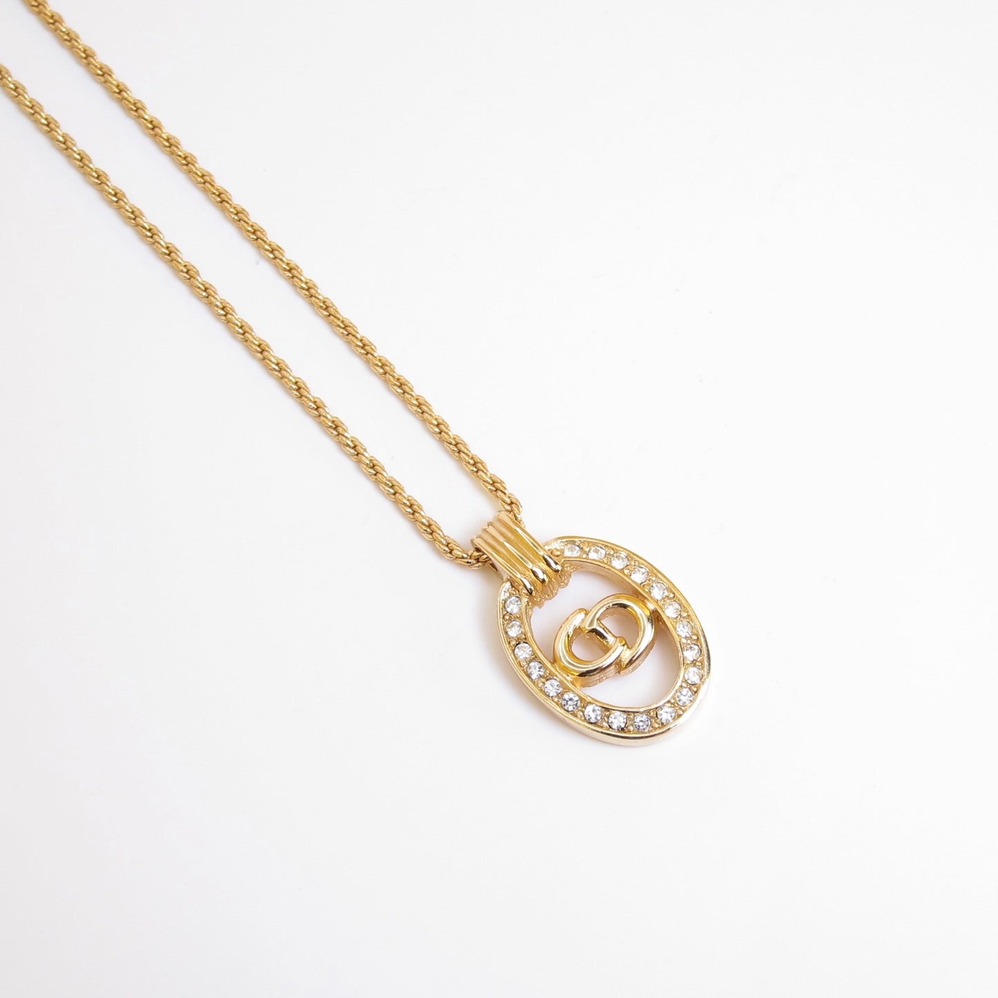 Christian Dior Vintage CD Logo in Oval Shaped with Rhinestone Golden Necklace