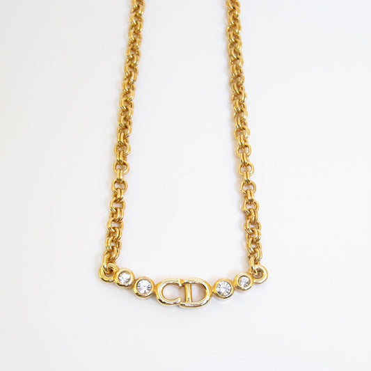 Christian Dior Vintage CD Logo and Rhinestone Golden Necklace