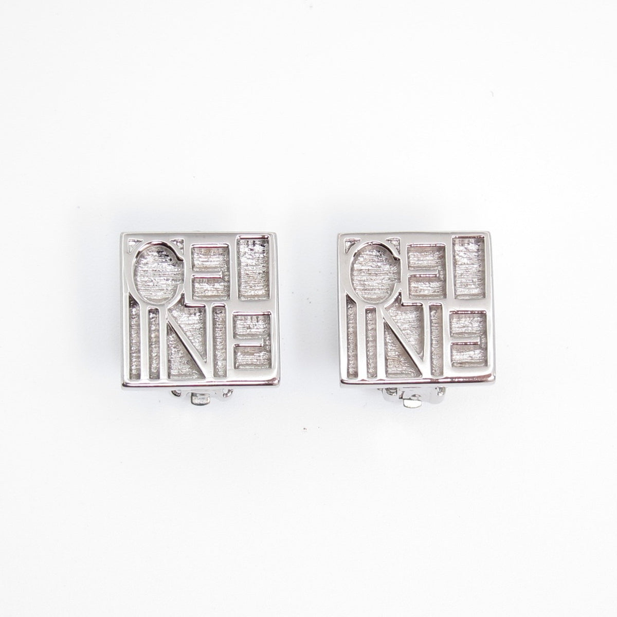 Celine 銀色方形字母標誌夾式耳環