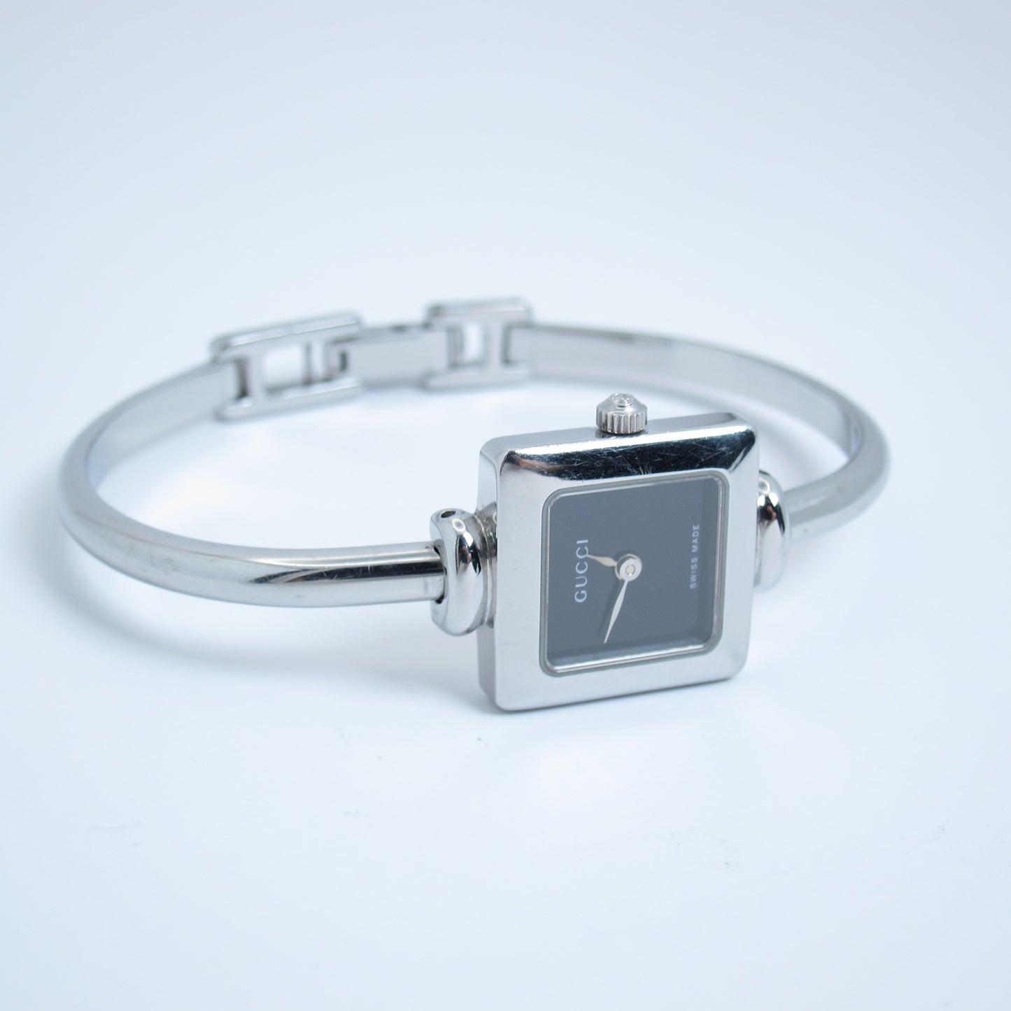Gucci Vintage Square Black Face Silver Bangle Watch