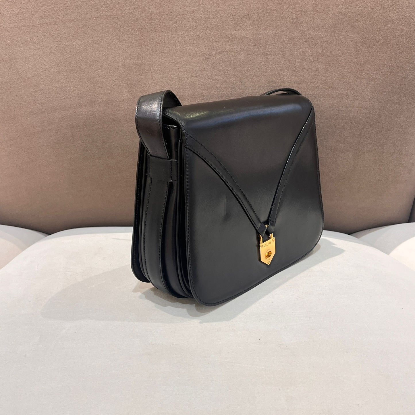Celine Vintage Black Leather Turn Lock Shoulder Bag