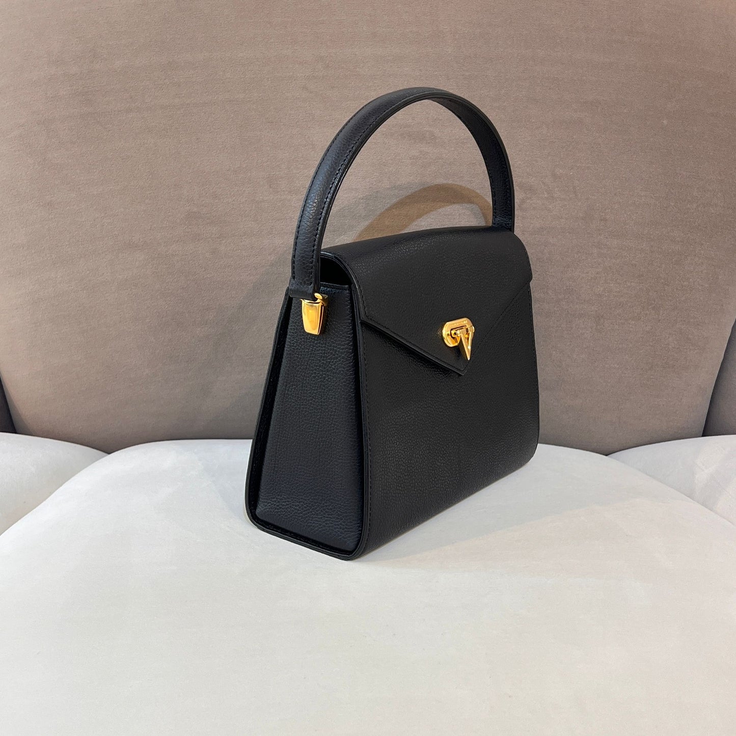 Valentino Garavani Vintage Black Leather V Logo Top Handle Bag