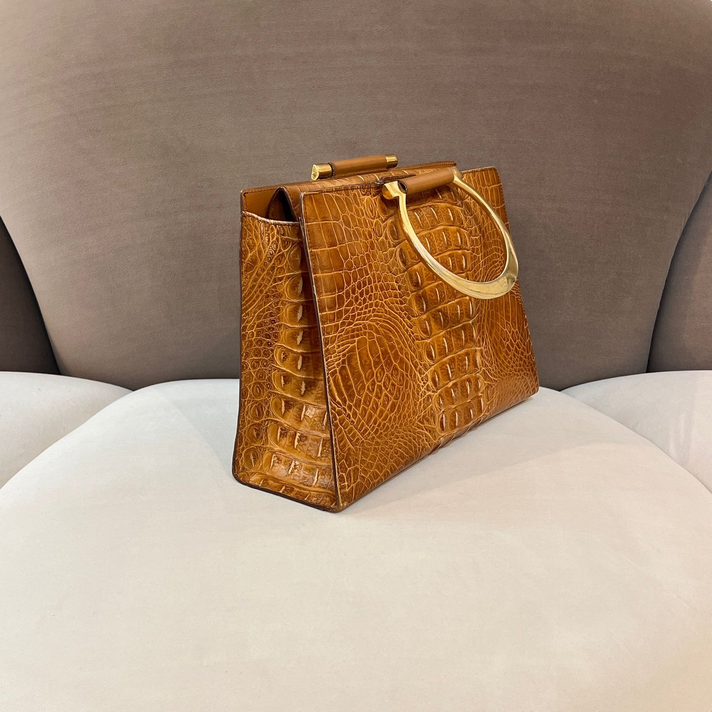 Celine Vintage Crocodile Embossed Circle Handle Bag