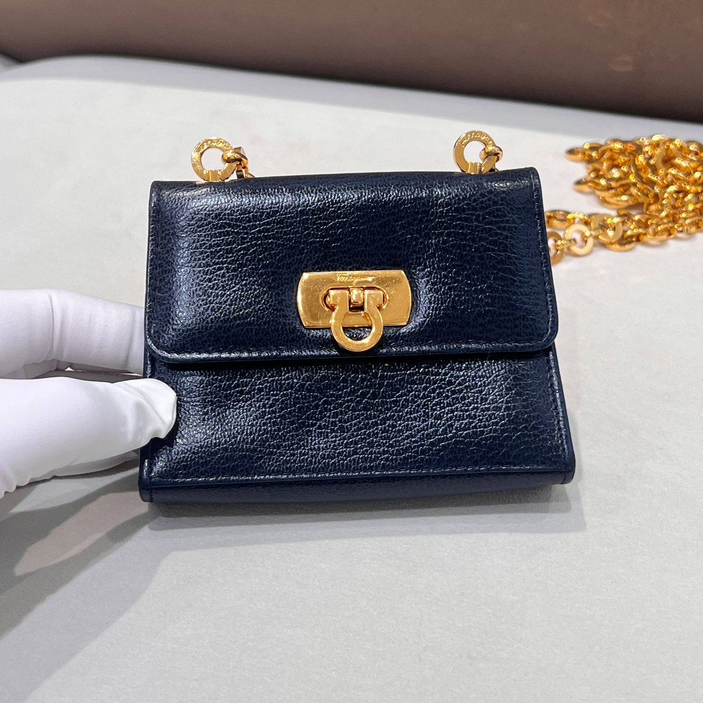 Ferragamo Vintage Gancini Navy Leather Mini Chain Shoulder Bag