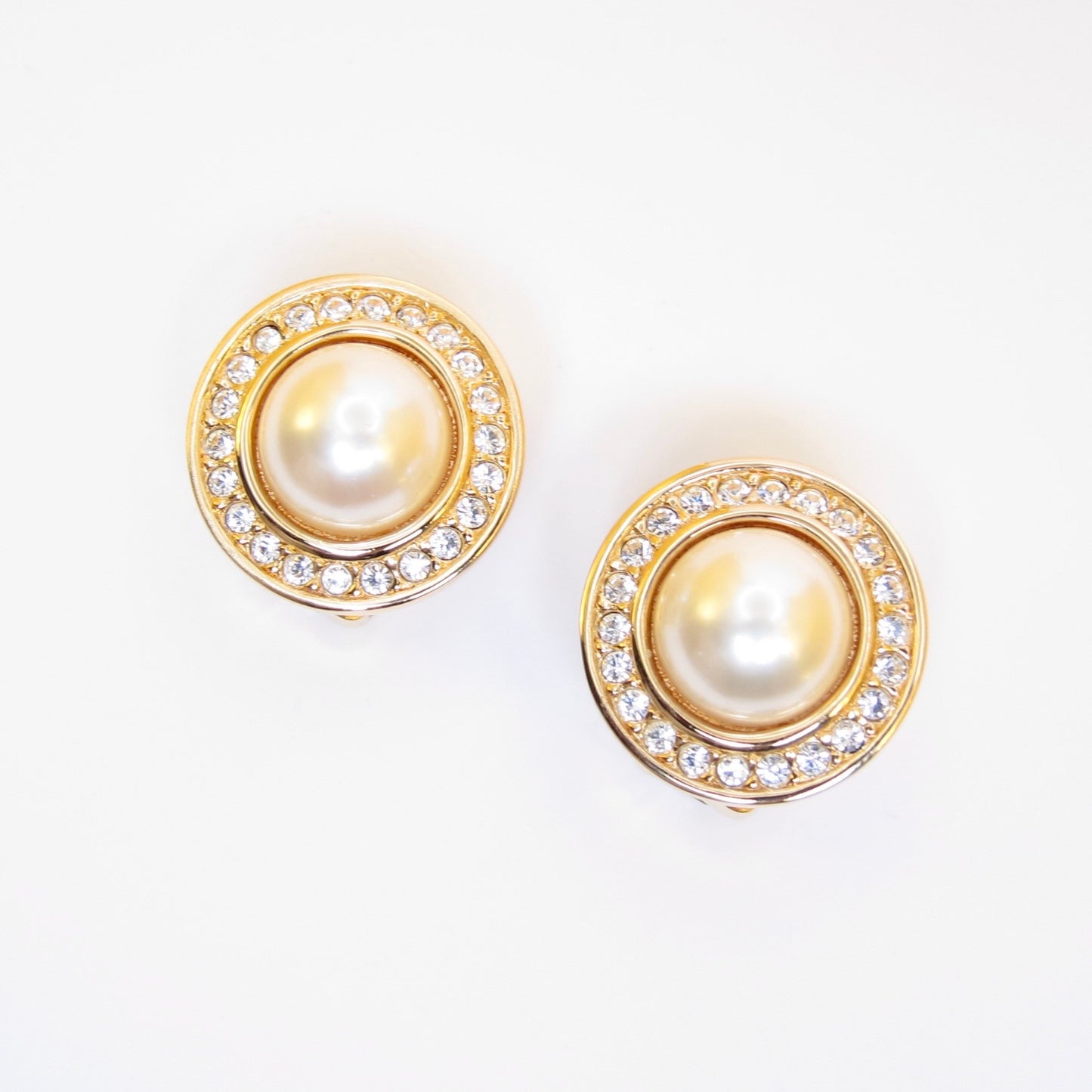Christian Dior Vintage Round Shaped Pearl and Rhinestone Golden Clip-on Earrings