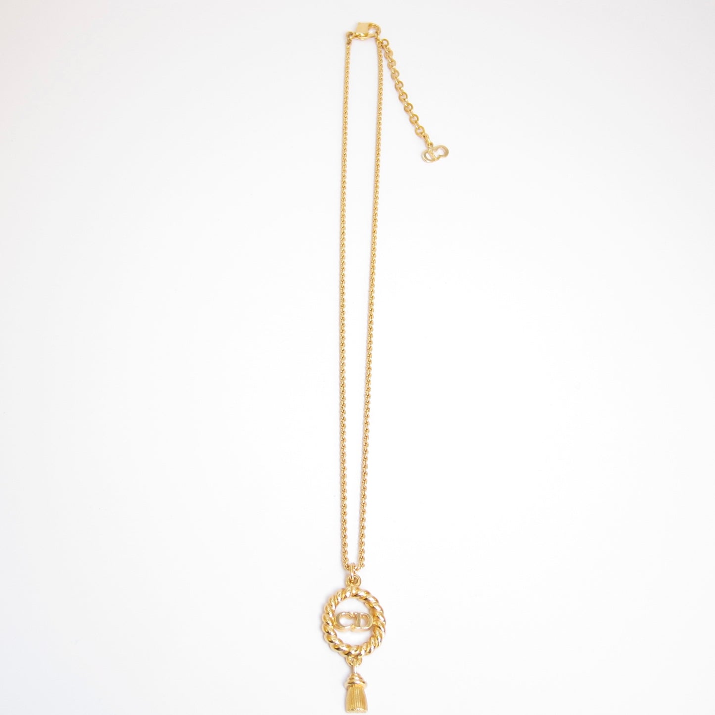 Christian Dior Vintage CD Logo Twist Rope Tassel Pendant Golden Necklace