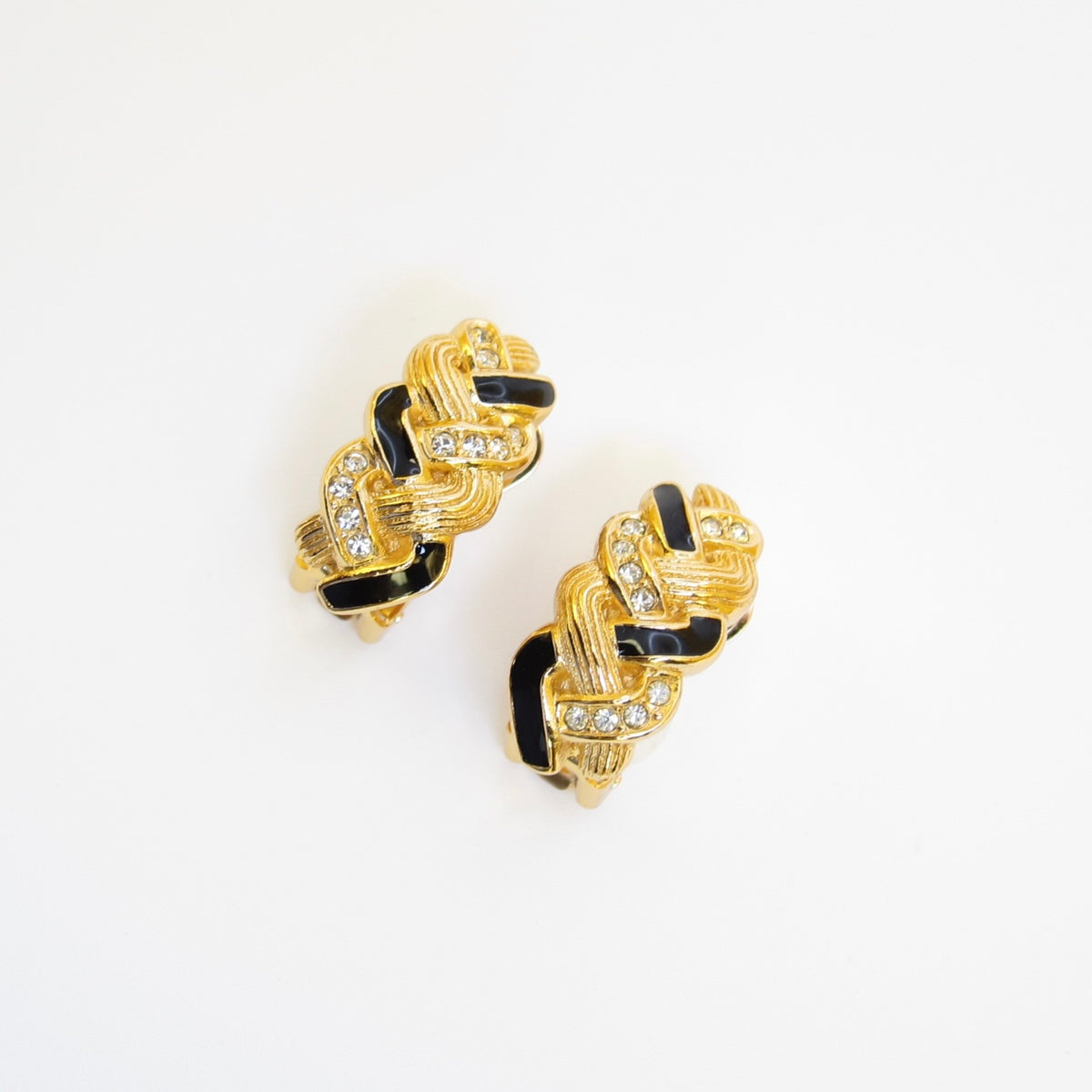 Christian Dior Vintage Black Enamel Rhinestone Twist Gold-Tone Clip-On Earrings