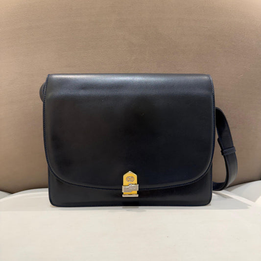 Gucci Vintage Black Leather Flap Slim Shoulder Bag