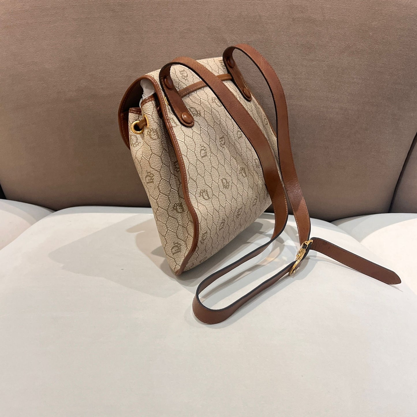 Christian Dior Vintage Honeycomb Pvc Brown Leather Drawstring Backpack