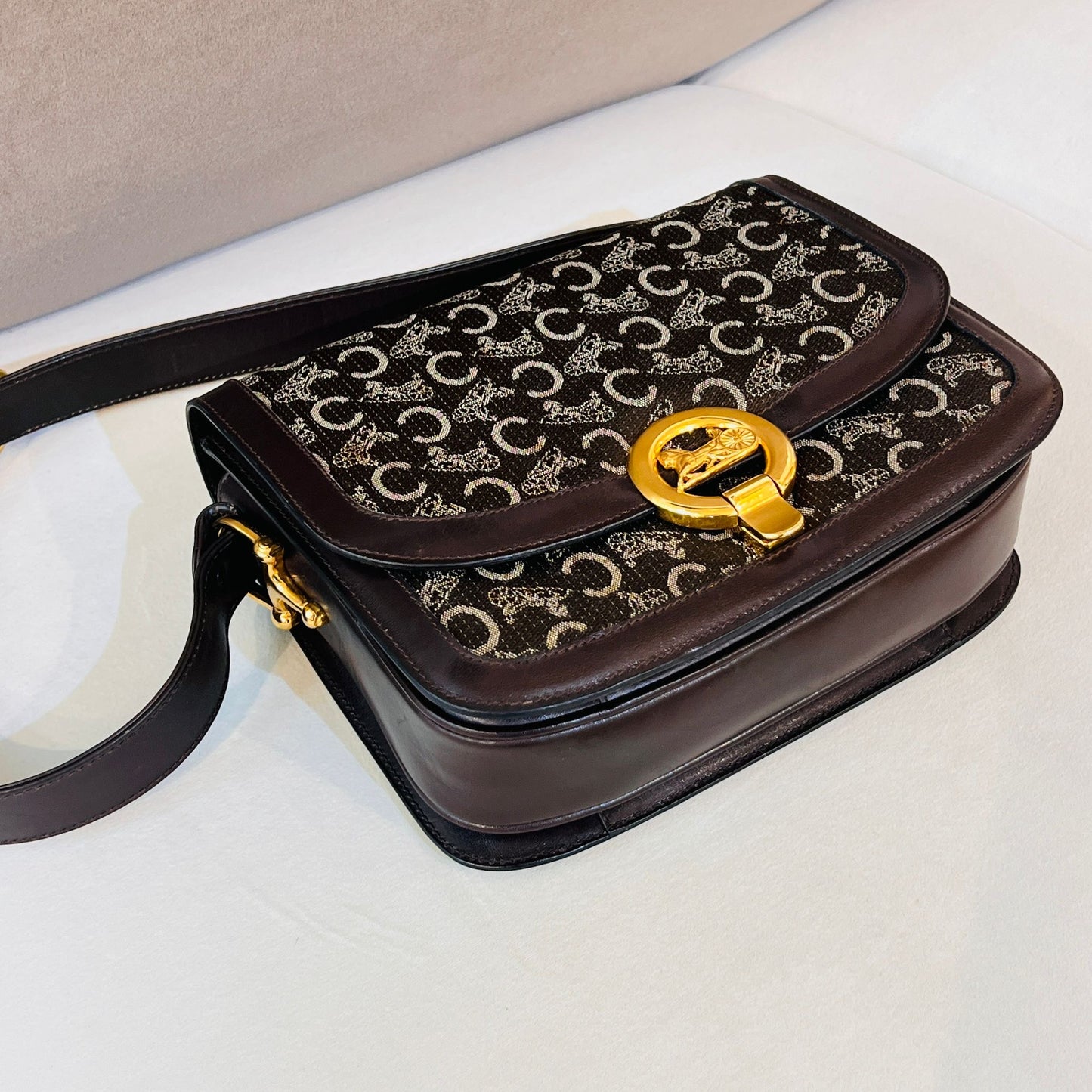 Celine Vintage Triomphe Canvas Khaki Leather Gold Clasp Shoulder Bag