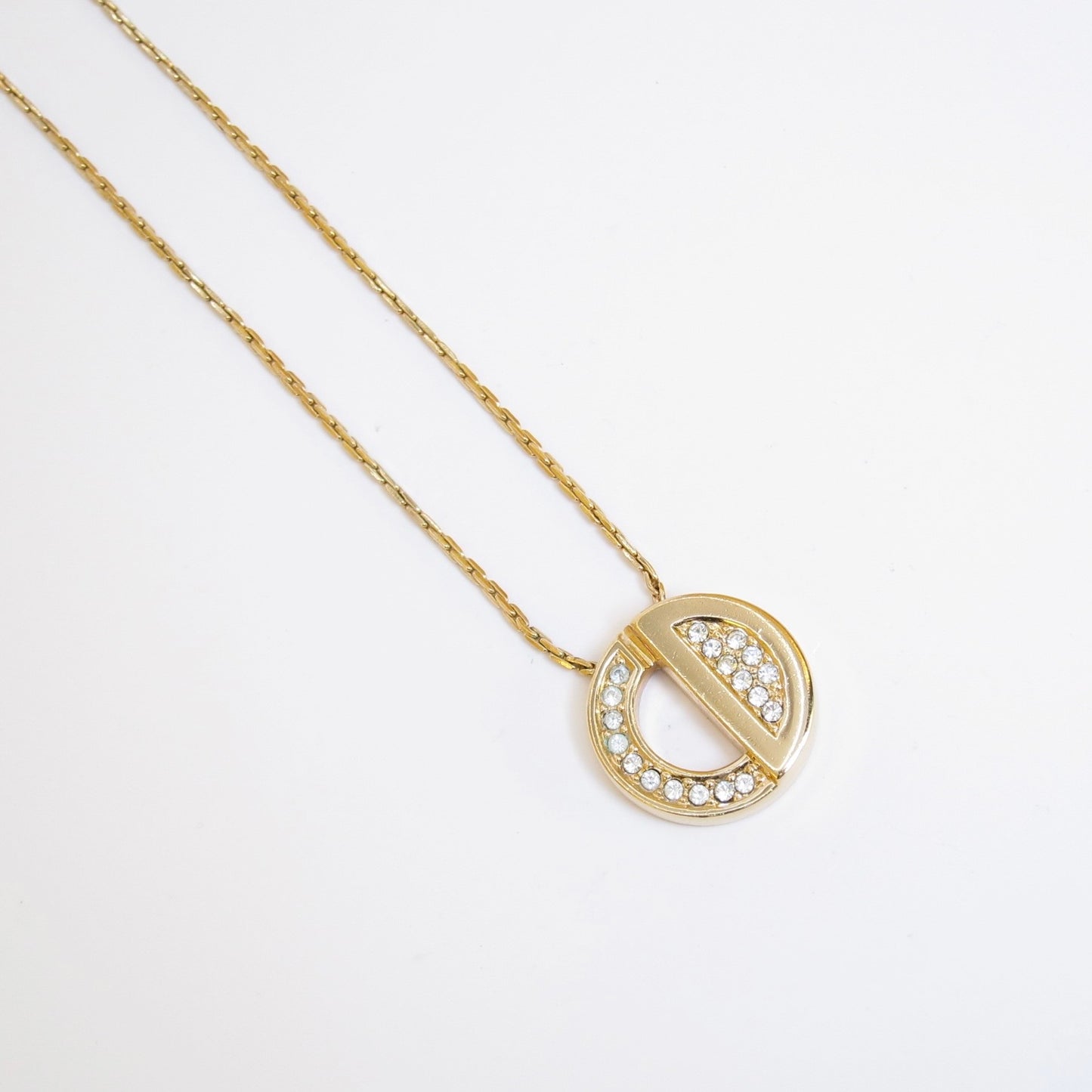 Christian Dior Vintage Round Shaped CD Logo with Rhinestone Golden Necklace