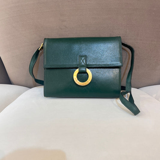 Celine Vintage Circle Logo Forest Green Leather Shoulder Bag