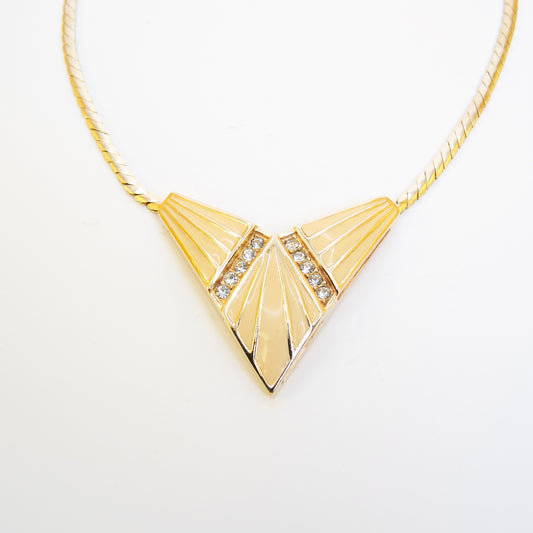 Christian Dior Vintage V Shape Beige and Rhinestone Pendant Golden Necklace