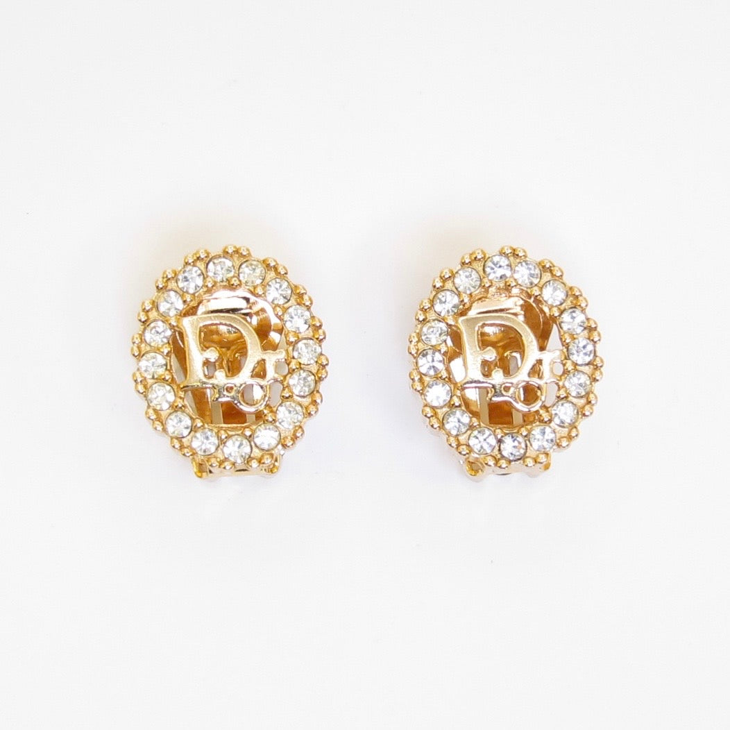 Christian Dior Vintage Dior Logo in Oval Shape with Rhinestone Golden Clip-on Earrings