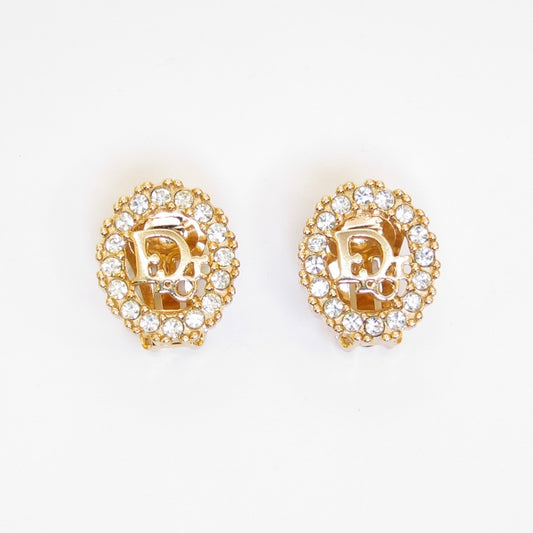 Christian Dior Vintage Dior Logo in Oval Shape with Rhinestone Golden Clip-on Earrings