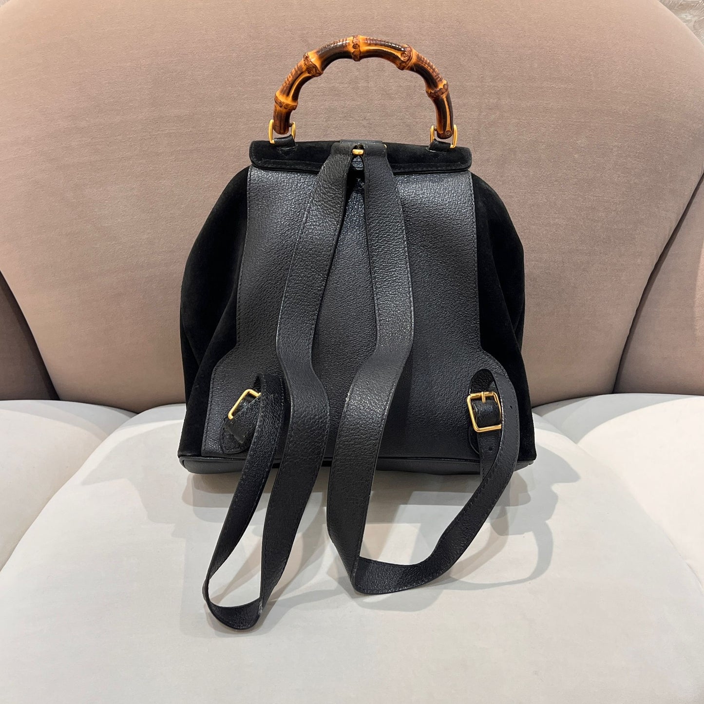 Gucci Vintage Black Suede Bamboo Backpack