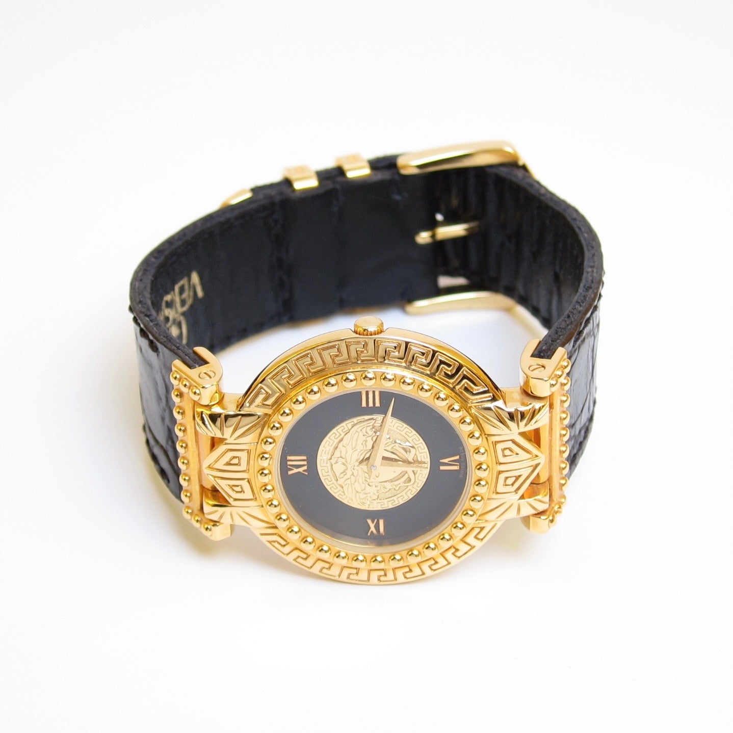 Versace Vintage Round Black Face with Medusa Coin and Leather Strap Golden Watch