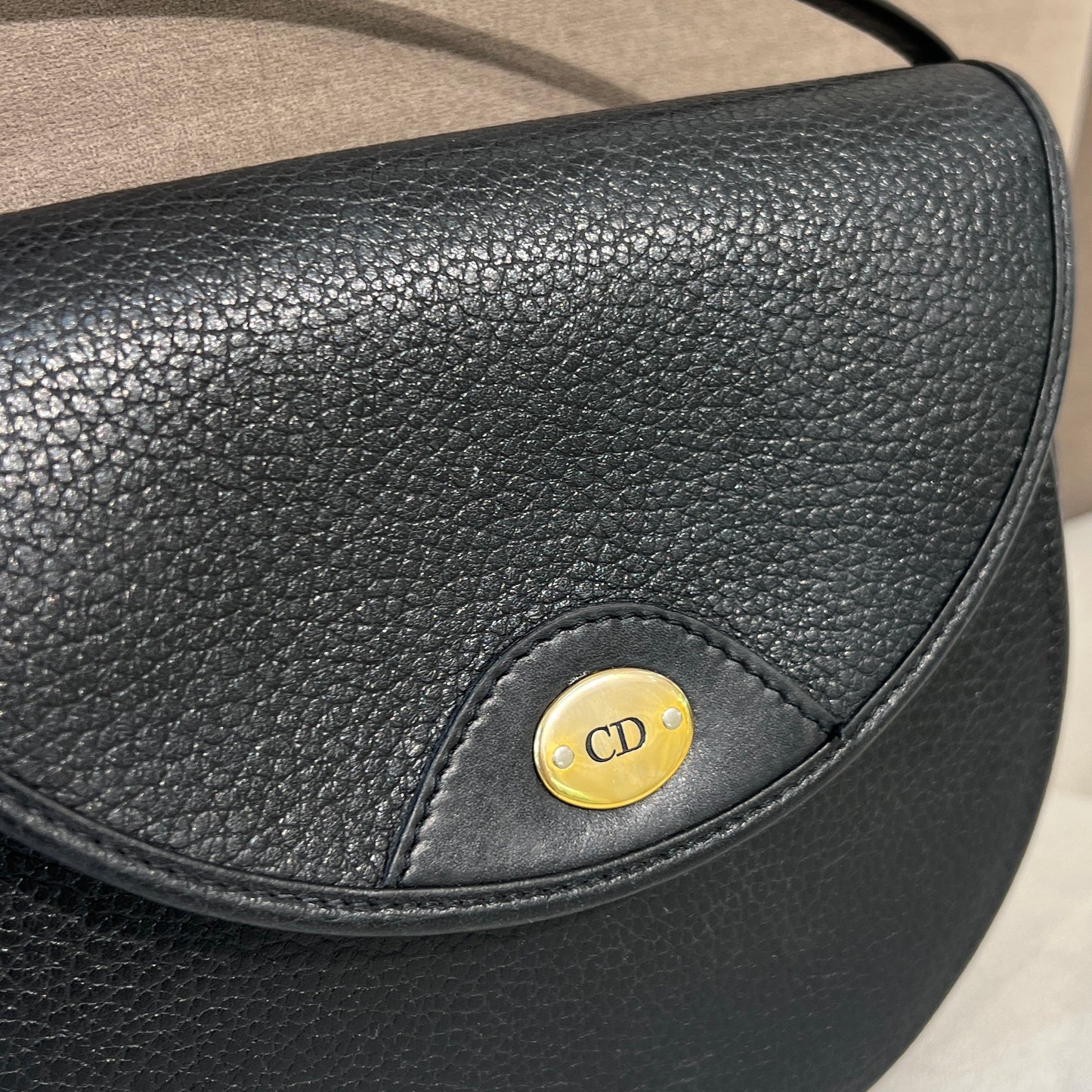 Christian Dior Vintage Golden CD Logo Black Leather Shoulder Bag