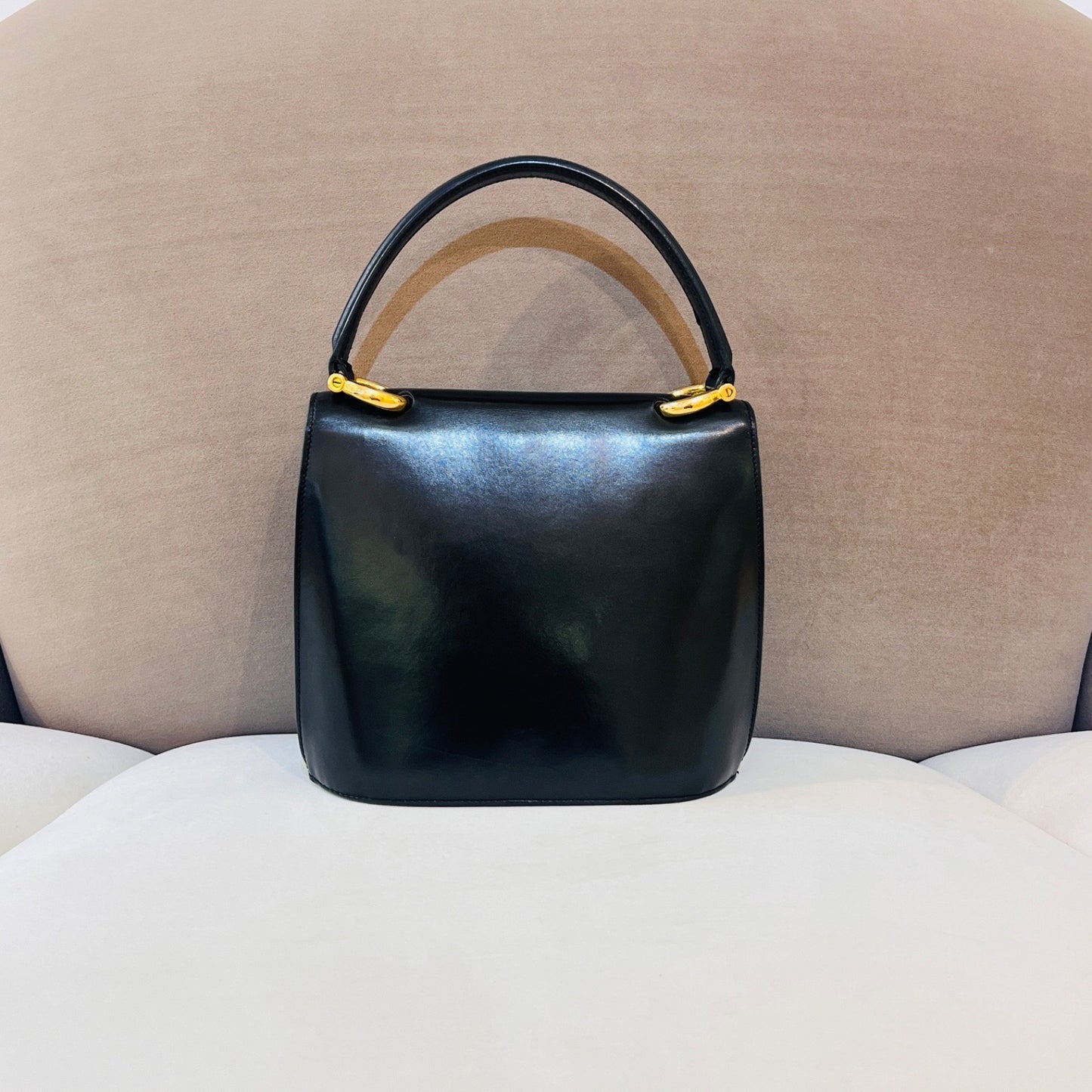 Celine Vintage Black Leather Gancini Closure Top Handle Bag