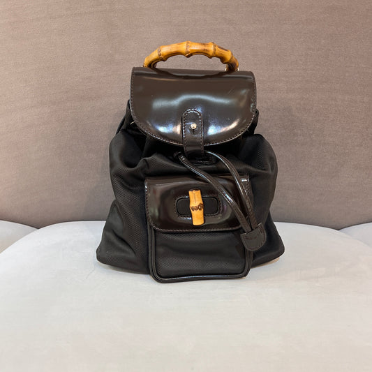 Gucci Vintage Bamboo Nylon Black Leather Trim Backpack