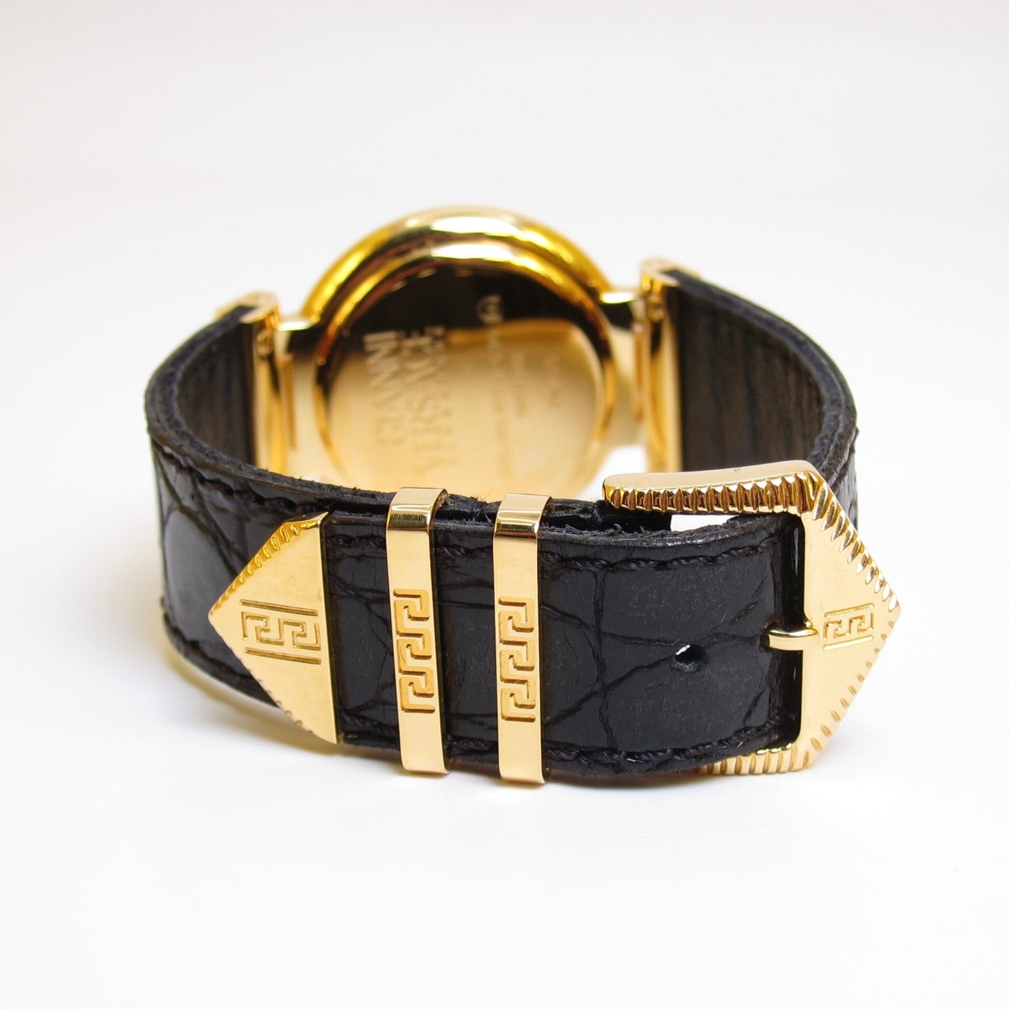 Versace Vintage Round Black Face with Medusa Coin and Leather Strap Golden Watch
