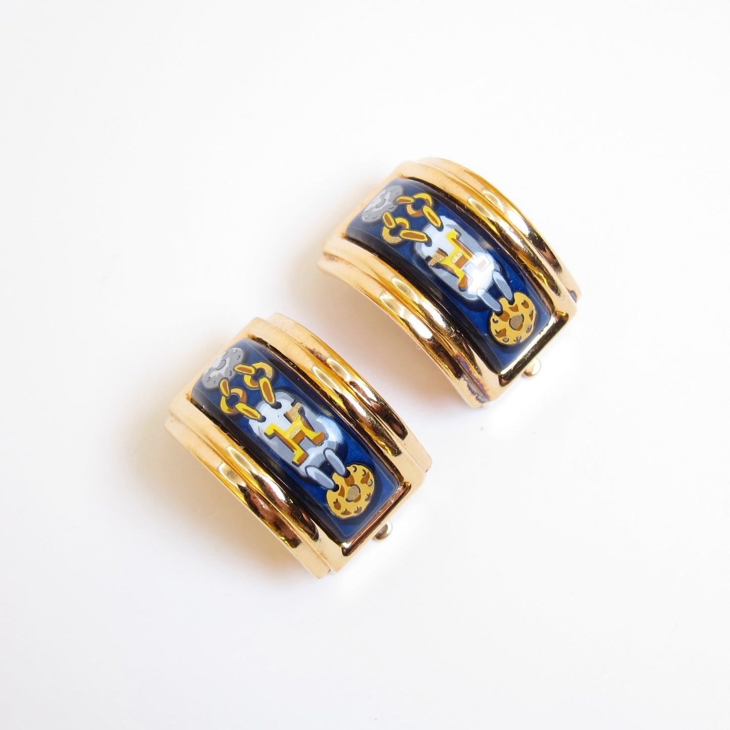 Hermes Vintage Blue Enamel H Pattern Golden Clip-on Earrings