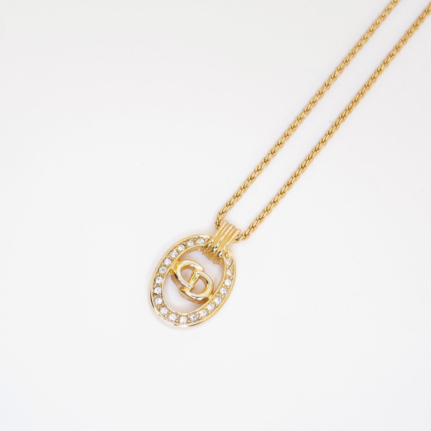 Christian Dior Vintage CD Logo in Oval Shaped with Rhinestone Golden Necklace