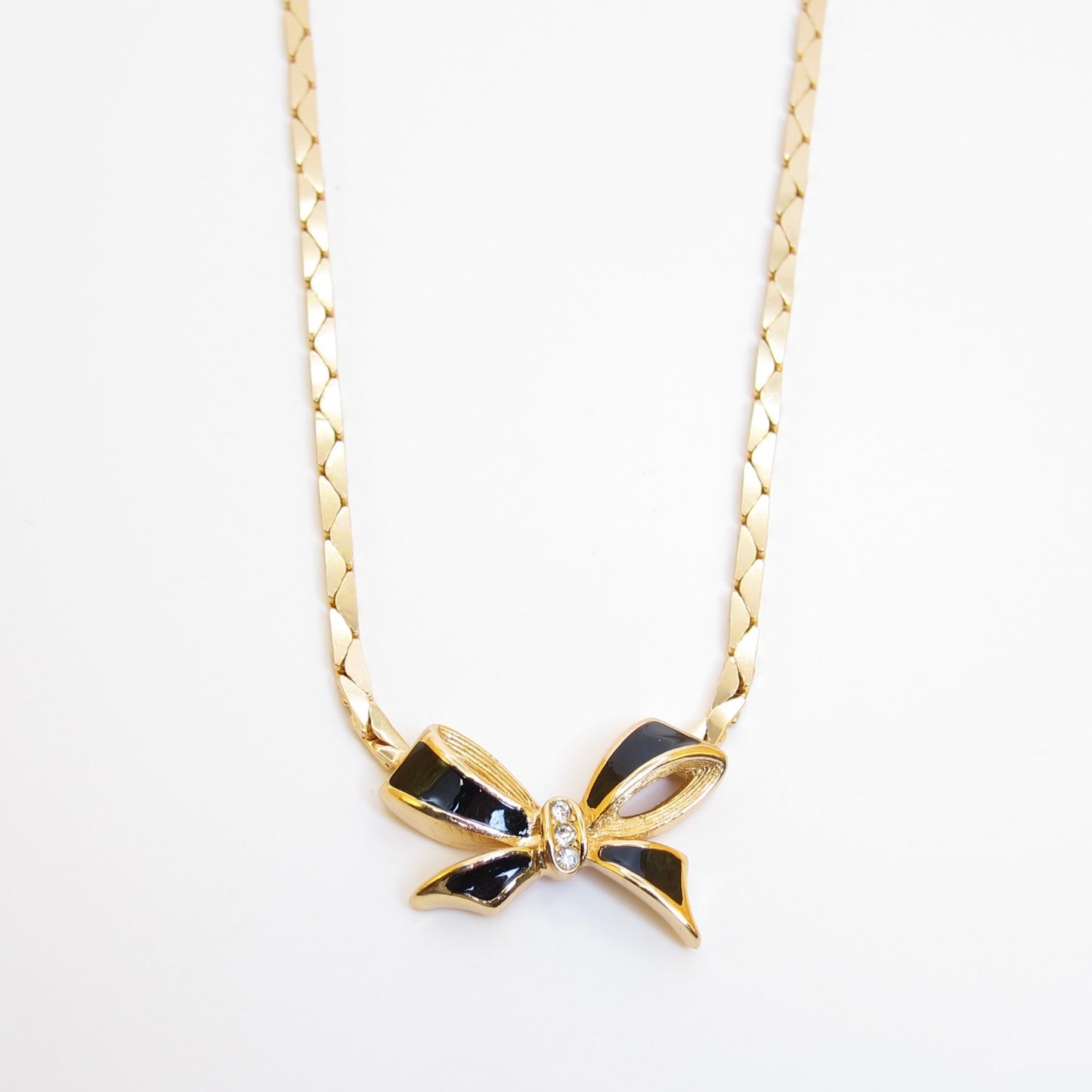 Christian Dior Vintage Ribbon with Black and Rhinestone Golden Necklace