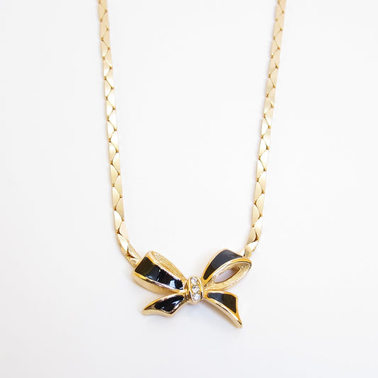 Christian Dior Vintage Ribbon with Black and Rhinestone Golden Necklace