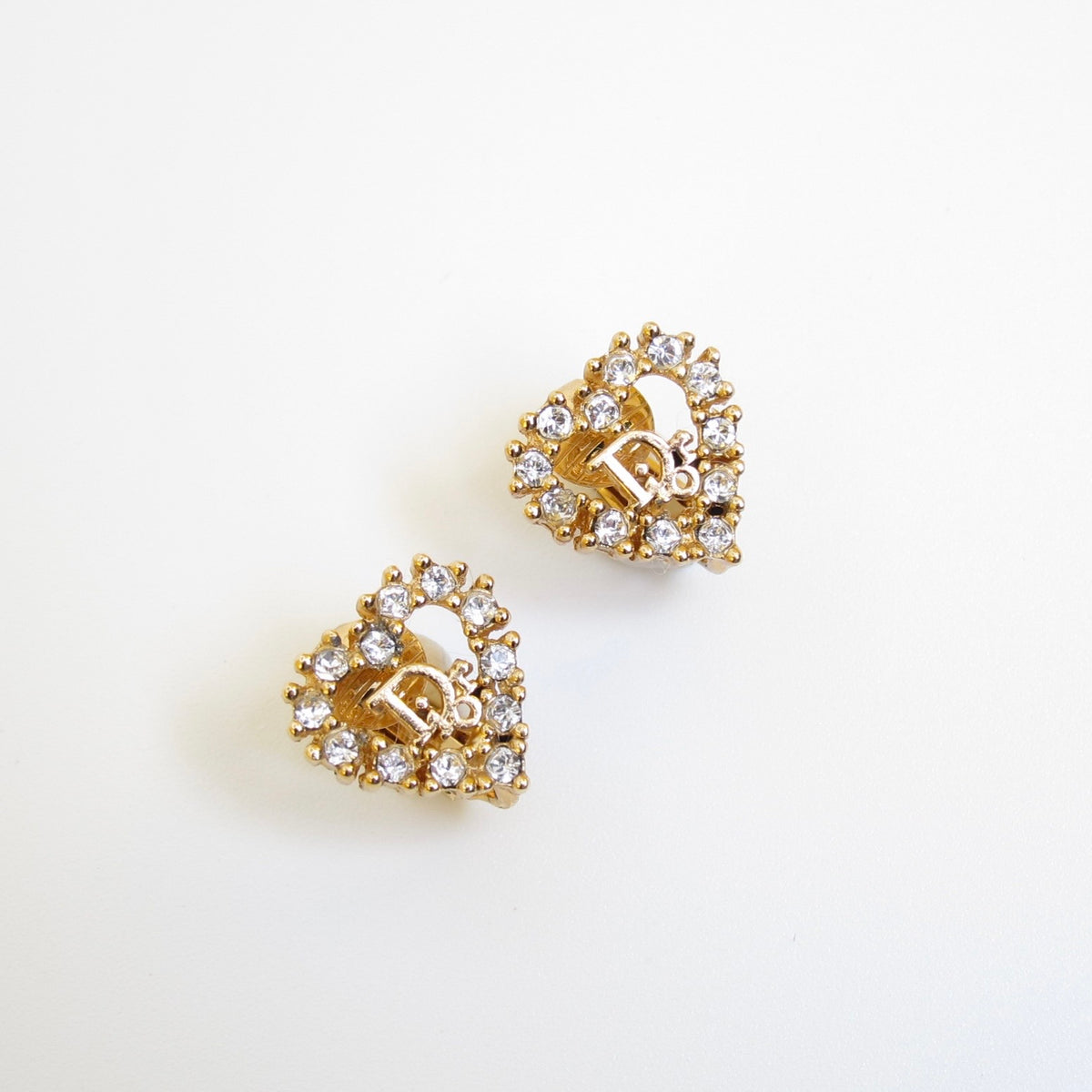 Christian Dior Vintage Heart Rhinestone CD Logo Gold-Tone Clip-On Earrings