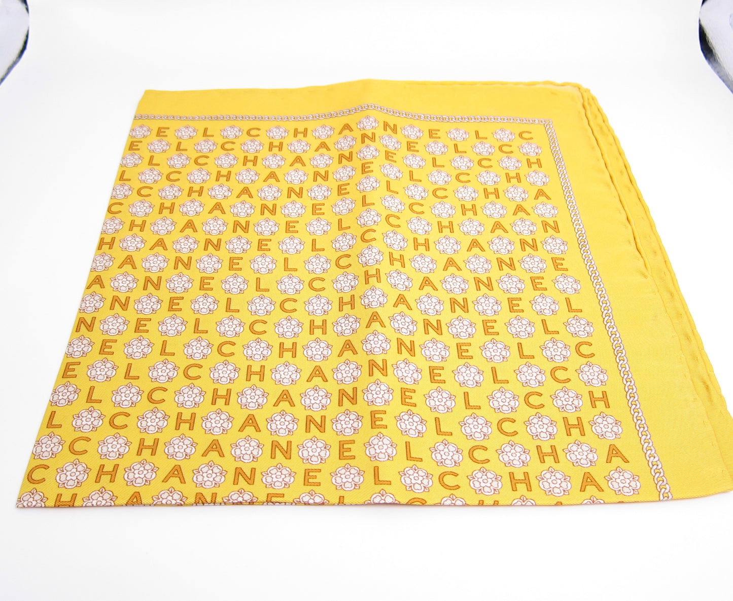 Chanel Vintage Camellia and Lettering Monogram Yellow Silk Scarf