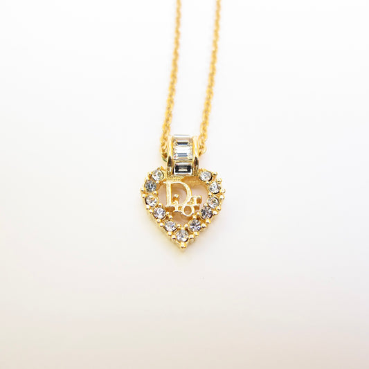 Christian Dior Vintage Dior Logo in Heart with Rhinestone Golden Necklace