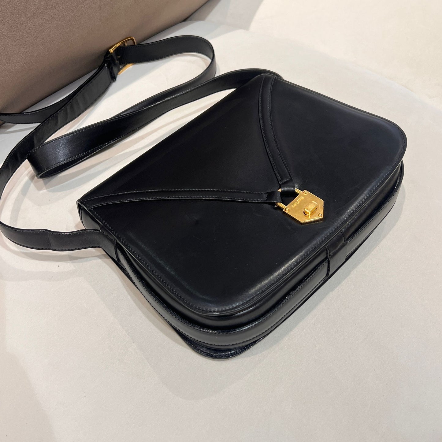 Celine Vintage Black Leather Turn Lock Shoulder Bag