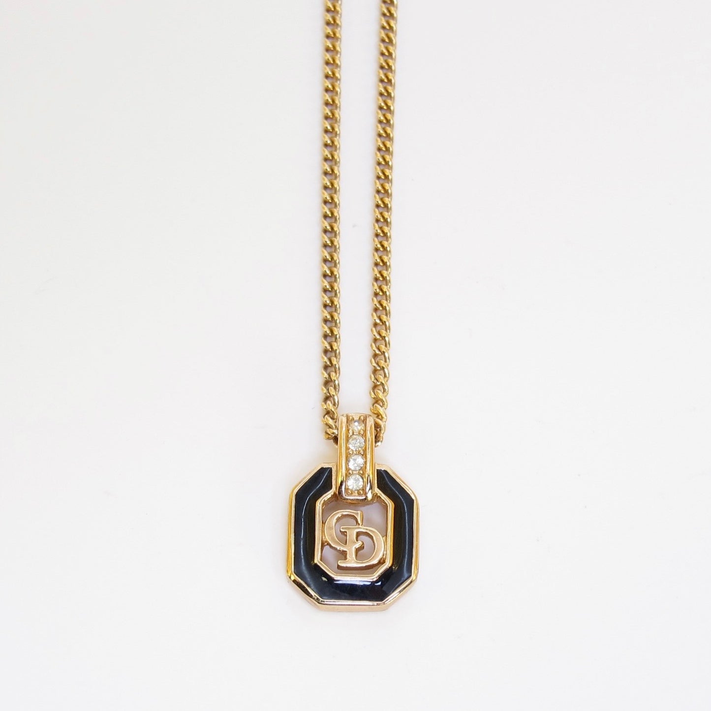 Christian Dior Vintage CD Logo in Octagon Black and Rhinestone Golden Necklace