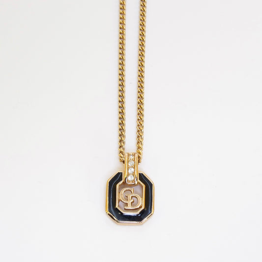 Christian Dior Vintage CD Logo in Octagon Black and Rhinestone Golden Necklace