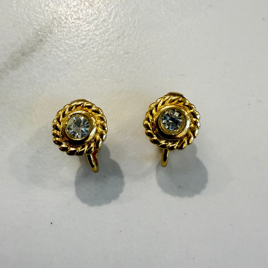 Christian Dior Vintage Rhinestone in Round Shape Golden Clip-on Earrings