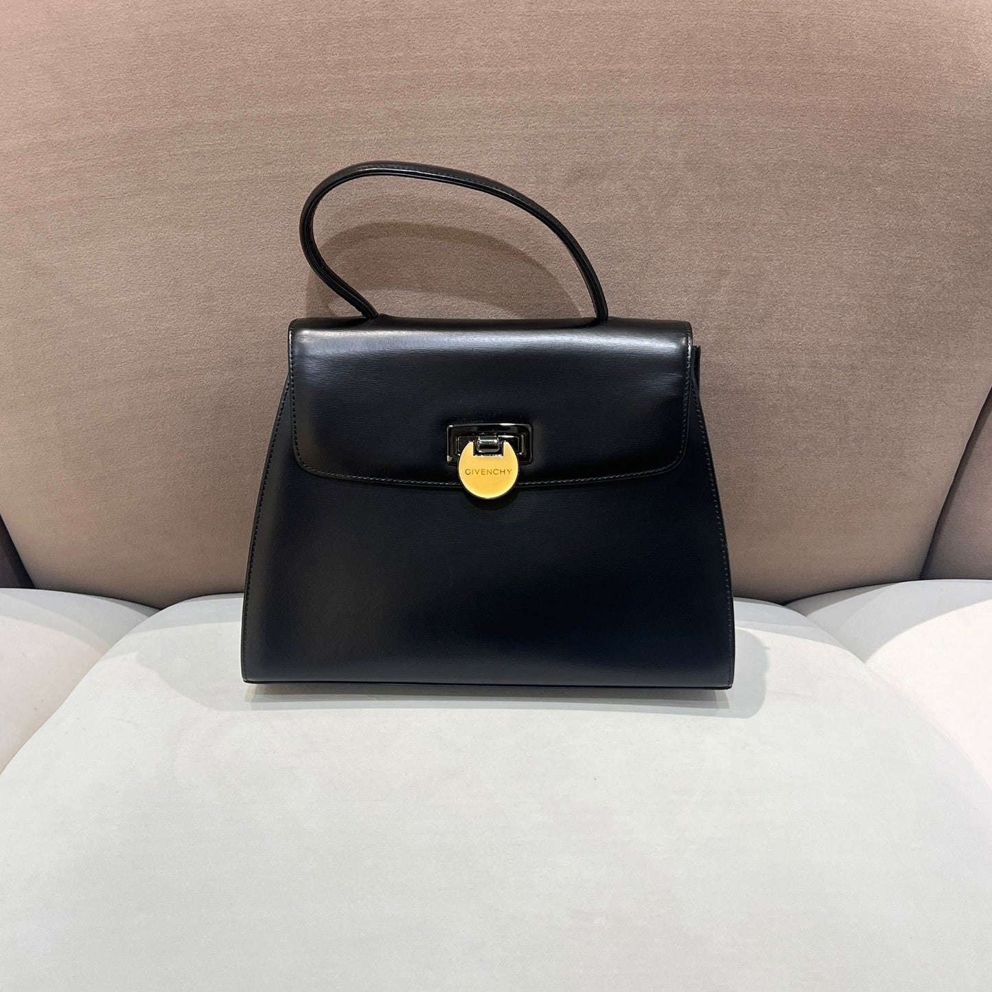 Givenchy Vintage Black Leather Wide Trapezoid Top Handle Clasp Handbag