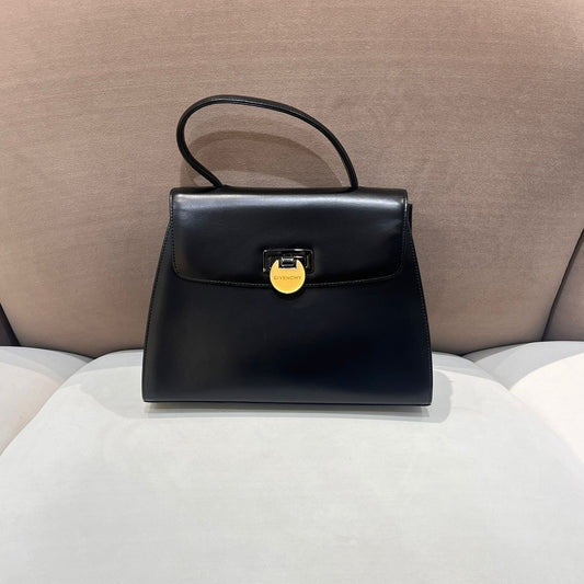 Givenchy Vintage Black Leather Wide Trapezoid Top Handle Clasp Handbag