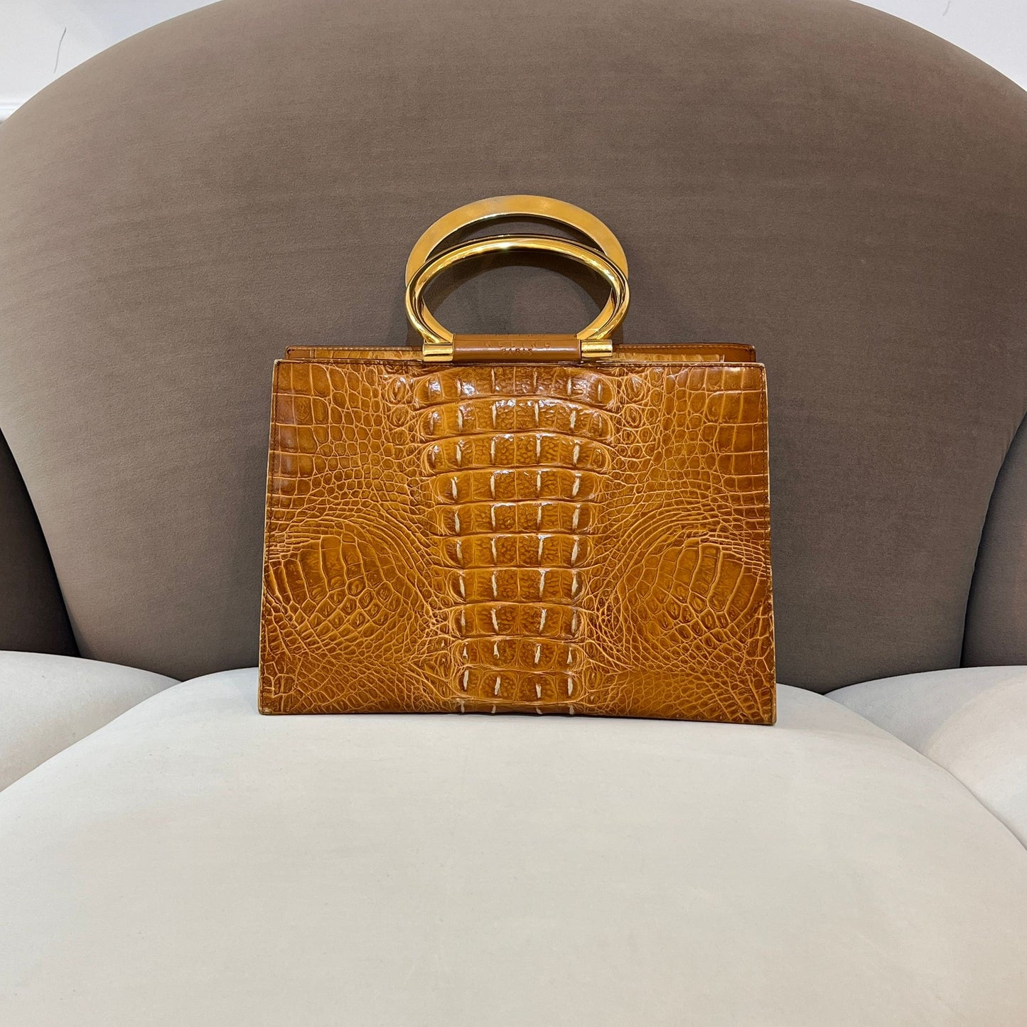 Celine Vintage Crocodile Embossed Circle Handle Bag