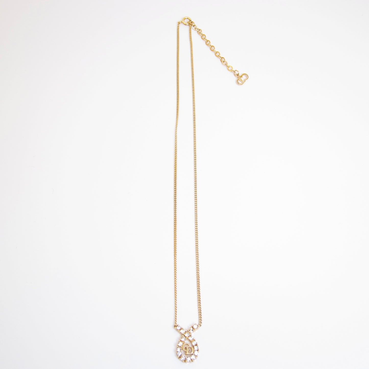 Christian Dior Vintage CD Logo in Drop Shape with Rhinestone Golden Necklace