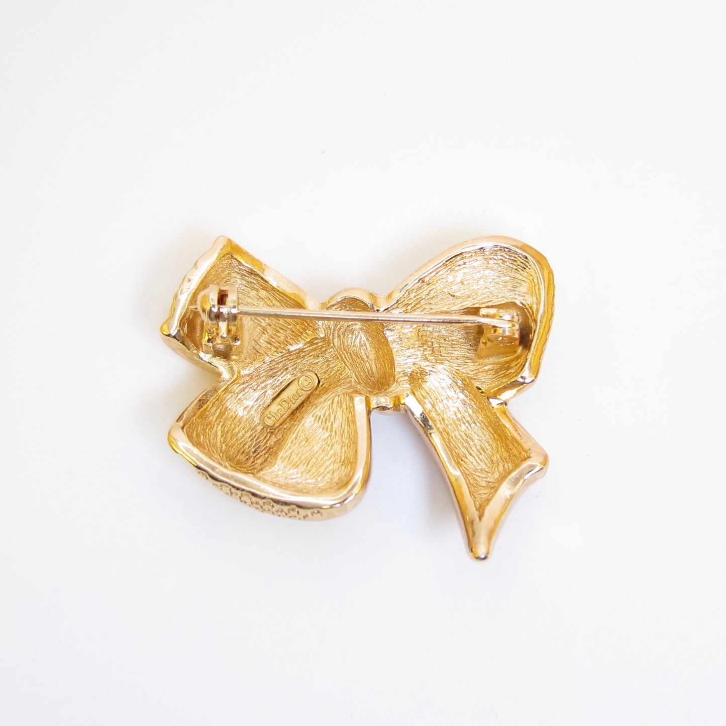 Christian Dior Vintage Ribbon and Rhinestone Golden Brooch