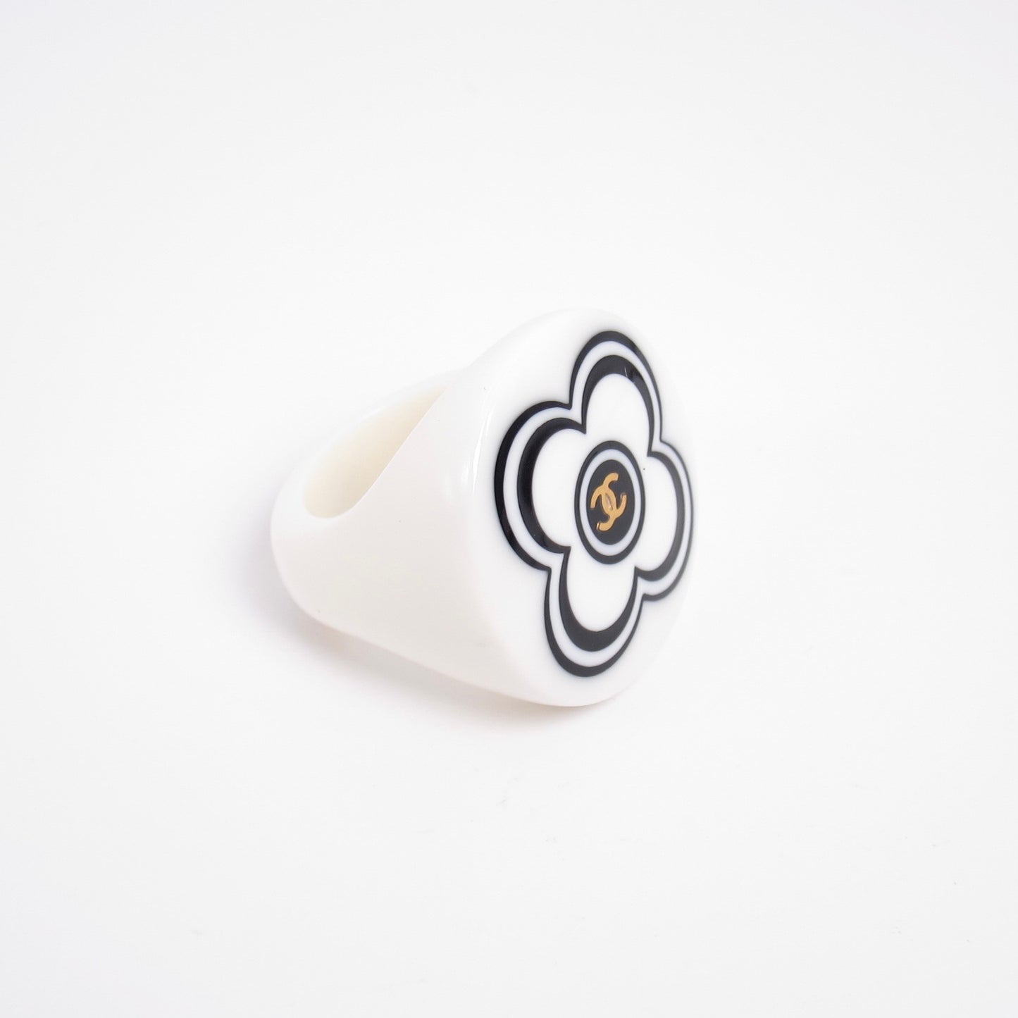Chanel Vintage CC Logo White Camellia Resin Ring