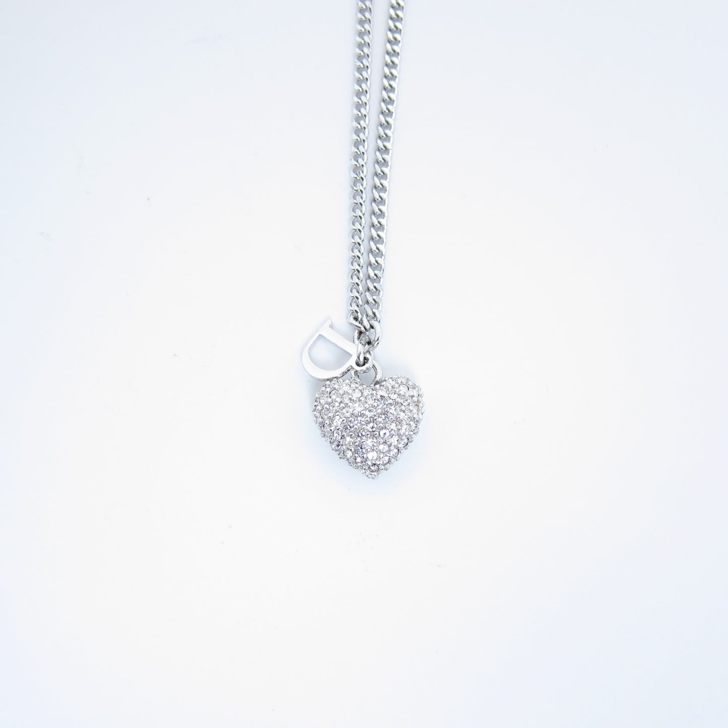 Christian Dior Vintage D Logo and Heart with Rhinestone Silver Necklace