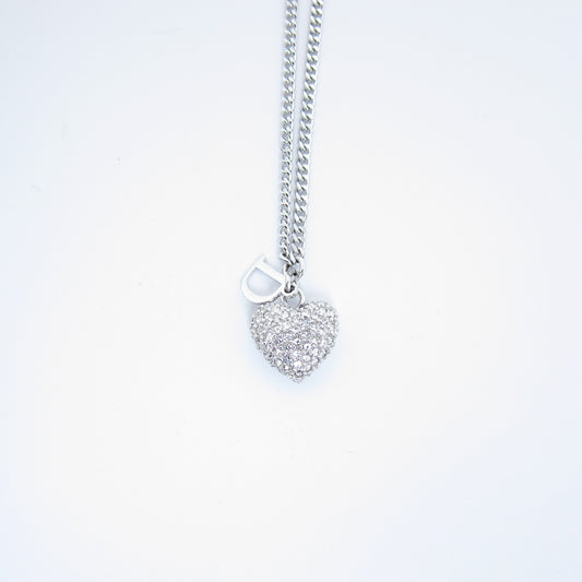 Christian Dior Vintage D Logo and Heart with Rhinestone Silver Necklace