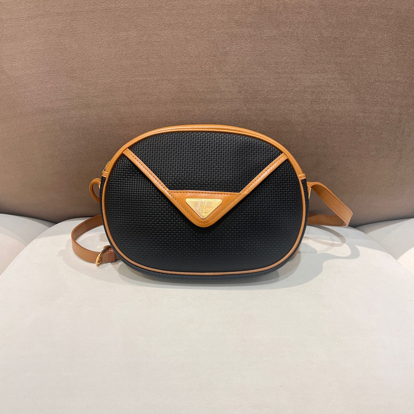 Yves Saint Laurent Vintage Textured Leather Navy Oval Crossbody Shoulder Bag