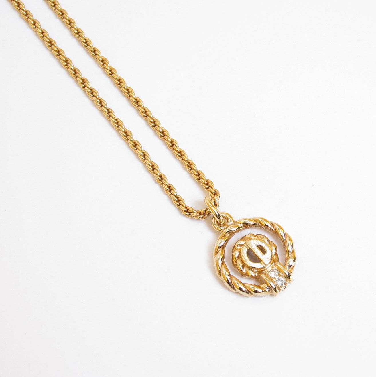 Christian Dior Vintage CD Logo in Twist Circle and Rhinestone Golden Necklace