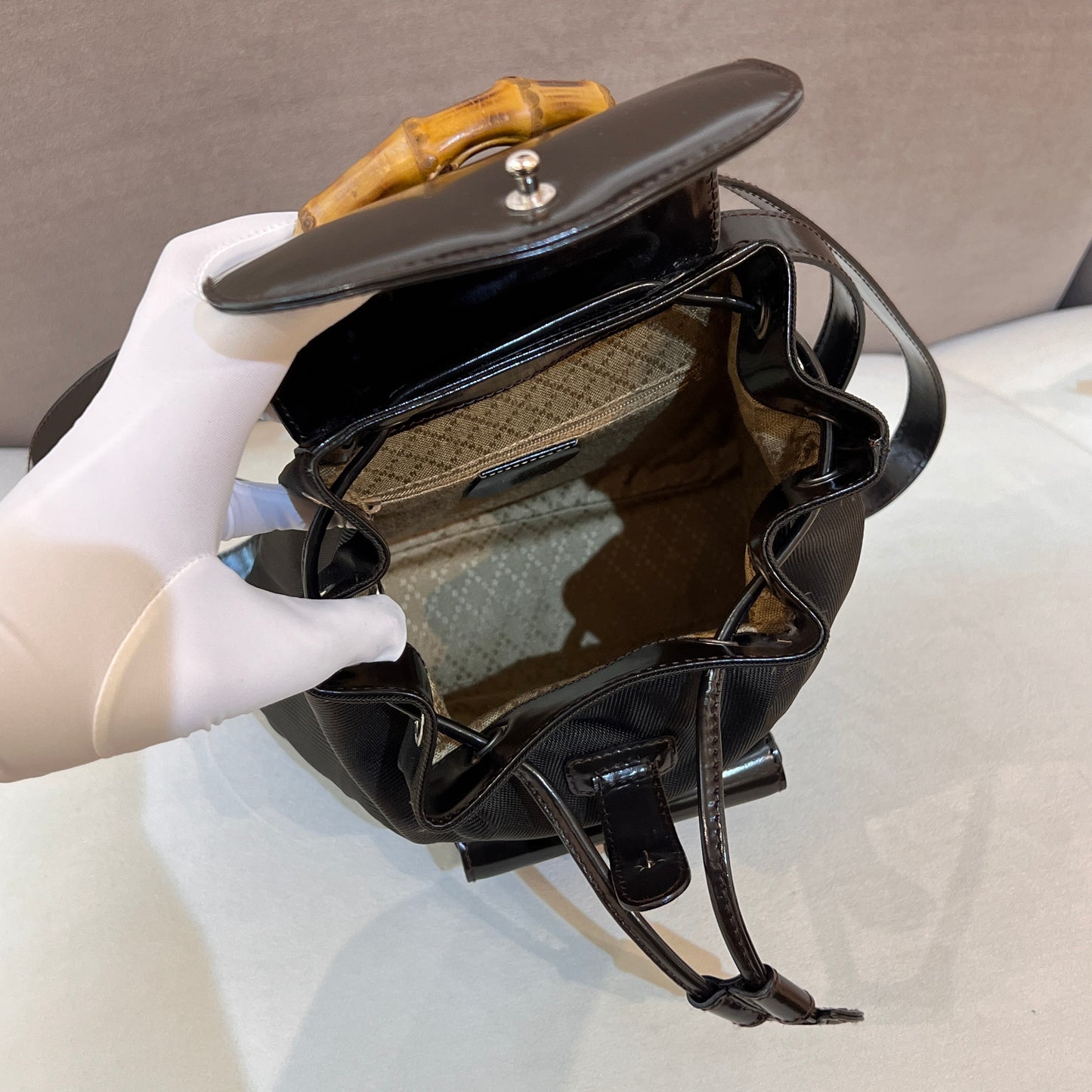 Gucci Vintage Bamboo Nylon Black Leather Trim Backpack